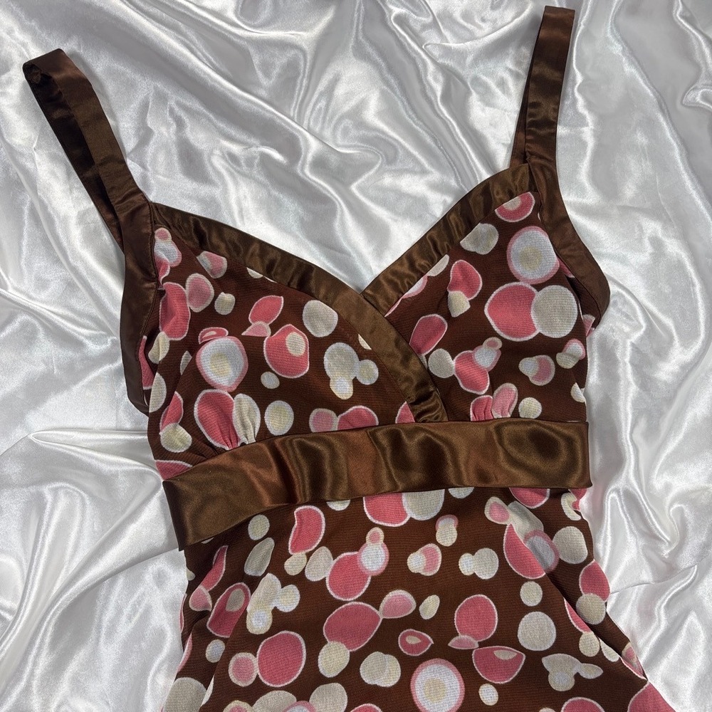 y2k Babydoll Camisole Brown Pink Polka Dot Mesh Satin Trim INC Top - Picture 2 of 6